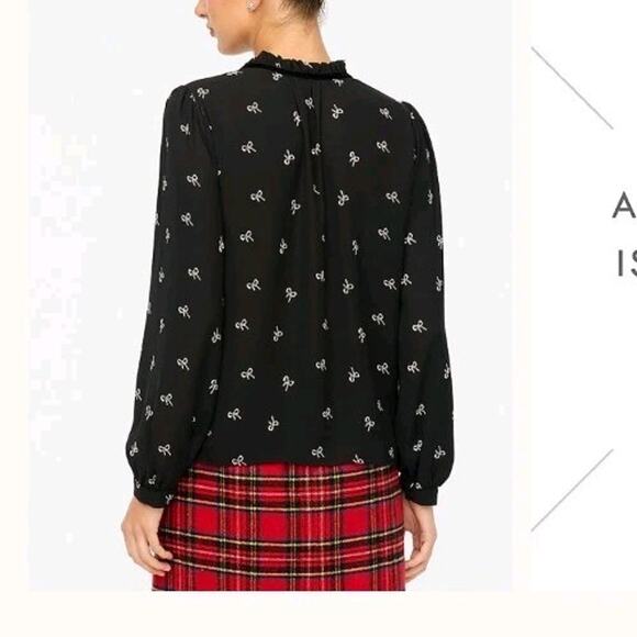 J Crew Velvet Tie Neck Top Bow Print Womens XL Black Ivory Blouse Long Sleeve - Picture 4 of 14
